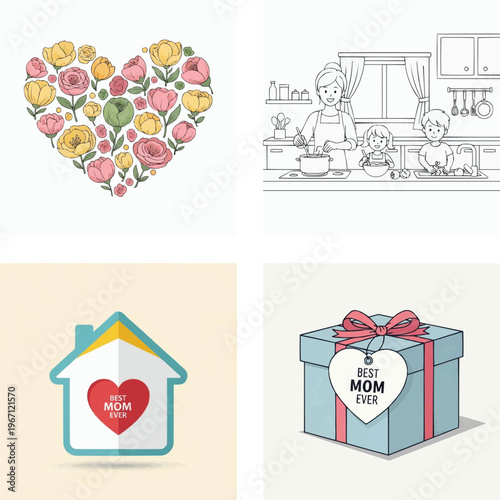 Mothers day heart flowers gift box house family kitchen illustration collection