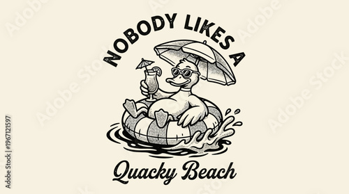 Cartoon Duck on Inflatable Raft.