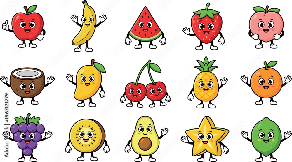 Obraz premium Vector Illustration of Cute Fruit Characters Including Apple, Banana, Strawberry, Pineapple, and More for Food and Fun Themes