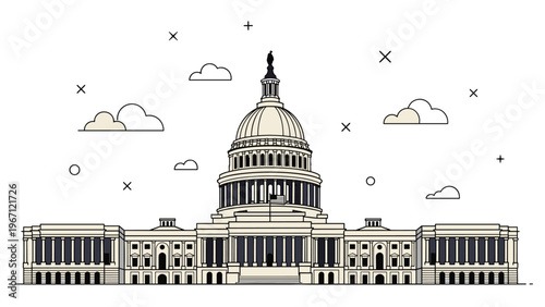 United States Capitol building in Washington DC is depicted in a clean and detailed architectural line art illustration for travel.