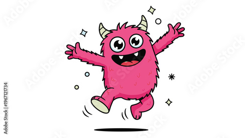 Adorable pink furry monster with horns and big eyes is jumping and waving its arms in a friendly and fun pose for children art.