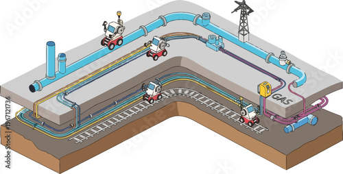 Isometric 3D Illustration of Underground Urban Infrastructure with Utility Pipes, Cables, Railway, and Autonomous Maintenance Robots