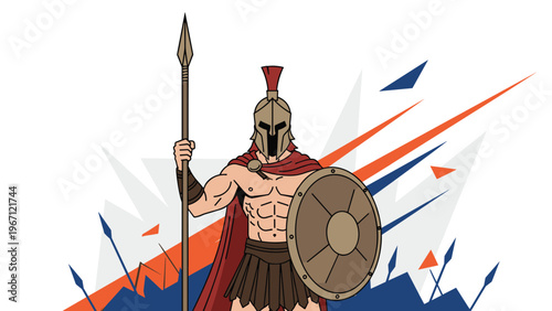 Spartan warrior in bronze armor stands with a sharp spear and a large round shield ready for battle in an epic and heroic stance.