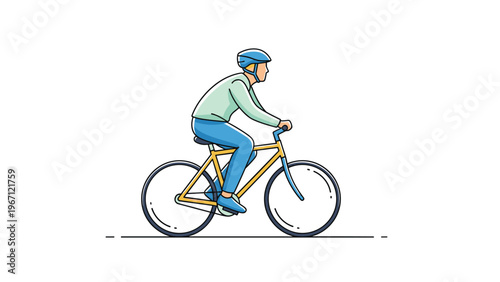 Man wearing a blue safety helmet and casual clothes is riding a yellow bicycle for urban commuting or outdoor recreation habits.