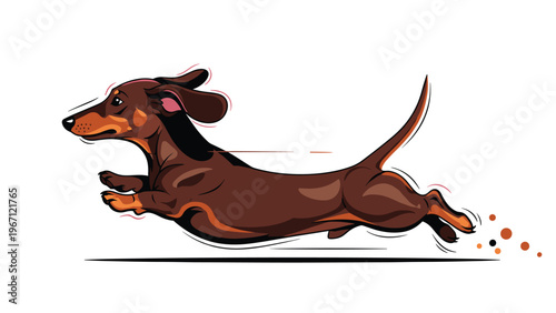 Long-bodied dachshund dog is captured mid-run with its ears flapping and a focused expression on its face in a playful scene.