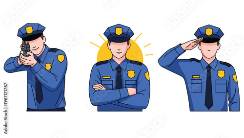 Collection of three police officer illustrations showing a male officer aiming a gun, standing alert, and giving a formal salute.