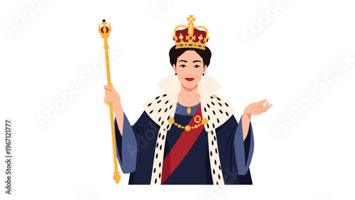 Elegant queen wearing a golden crown and royal robes holds a scepter in a formal and dignified portrait pose for historical art.