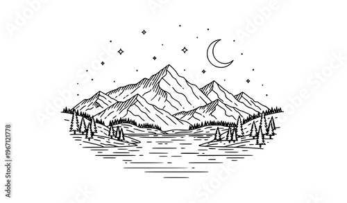 Mountain night landscape black and white line art vector with moon stars and pine trees in clean outline style