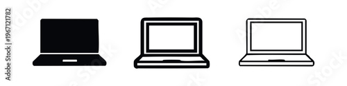 Laptop Computer Digital Device Icon Set, Portable Notebook PC Symbol Collection, Technology Black and White Icons