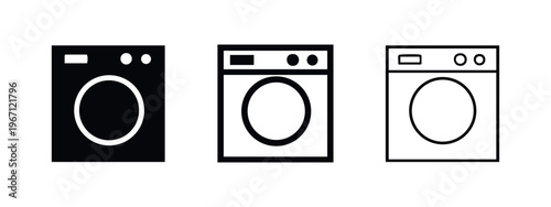 Washing Machine Laundry Appliance Icon Set, Front Load Washer Symbol Collection, Home Cleaning Black and White Icons