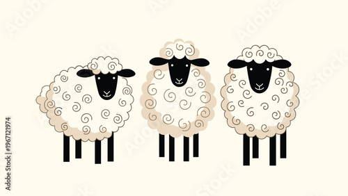 Three cute sheep with fluffy white wool and black faces stand together in a row against a soft cream background.