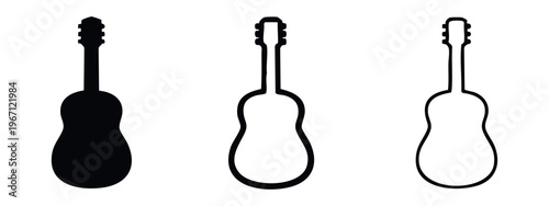 Acoustic guitar icon set. Musical instrument symbol collection in solid, bold outline, and thin outline styles for music.