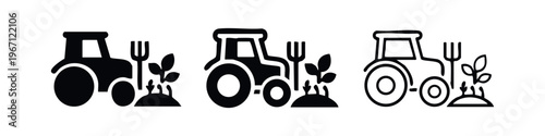 Farm tractor and pitchfork with plant icons, agriculture and gardening symbols in various styles on white background.