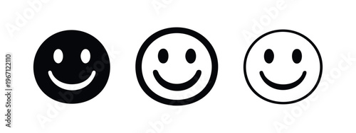 Happy smiley face icon collection, positive customer satisfaction and emotion symbols, user feedback illustration.