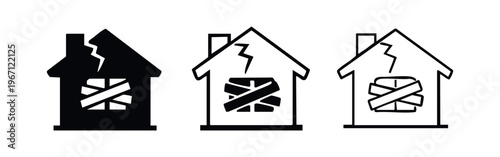 Damaged House Icon Set - Condemned Home with X-marked Window Vector Symbols