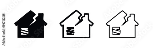Broken House Icon Set - Damaged Home with Boarded Window Vector Symbols for Disaster