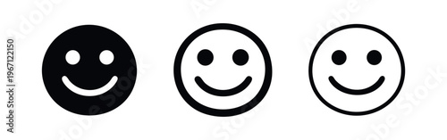 Smiley face icon set, happy emotion symbol in various styles, positive feedback and customer satisfaction concept.