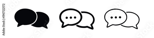 Chat message bubble icon set with ellipsis, communication and online messaging symbols on white background.