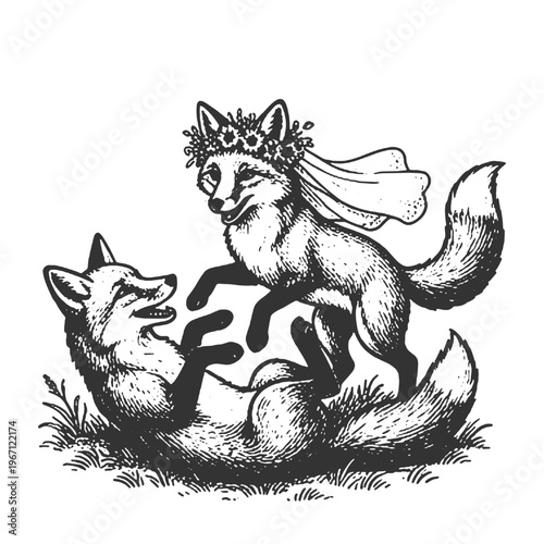 Playful Fox Couple in Wedding Veil Vintage Woodcut Engraving Style Vector Illustration Hand Drawn Wild Forest Animal Marriage Celebration Art