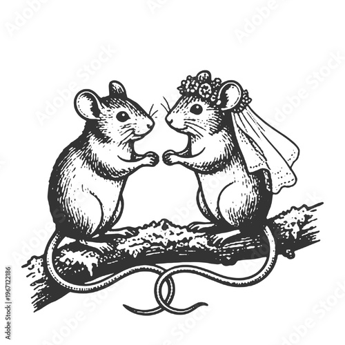Cute Mouse Couple on Tree Branch with Wedding Veil Vintage Woodcut Engraving Style Vector Illustration Hand Drawn Rodent Marriage Concept Art