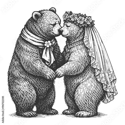 Romantic Bear Couple Kissing in Wedding Veil and Bow Tie Vintage Woodcut Engraving Style Vector Illustration Hand Drawn Forest Animal Love Art
