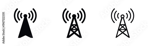 Radio and broadcast tower antenna icon set. Communication and wireless signal symbols.