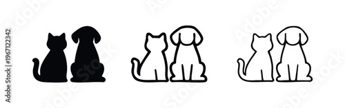 Pet dog and cat icon set in solid and outline styles. Animal friendship and companionship concept.