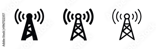 Wireless communication and signal broadcast tower icon set. Modern telecommunication symbols.