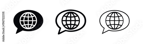 International communication and global network chat icon set. World map in a rounded speech bubble.