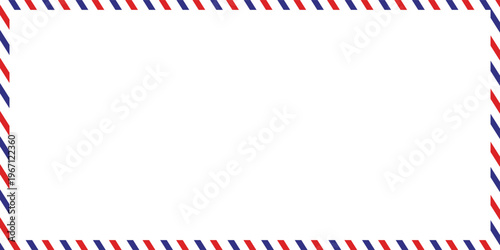 Airmail Envelope frame images with strips. International vintage letter border. Retro air mail postcard with blue and red stripes.  Empty classic postal frame. Vector illustration