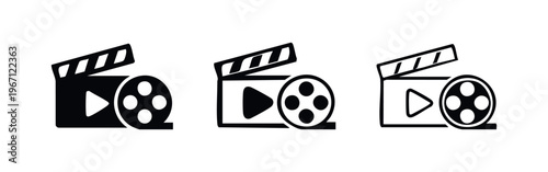 Video production and movie playback icon set. Film reel, play button, and clapperboard symbols.