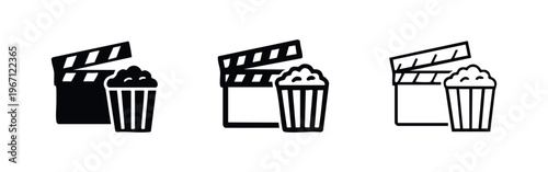 Movie film production and cinema popcorn icon set. Entertainment and film industry symbols.