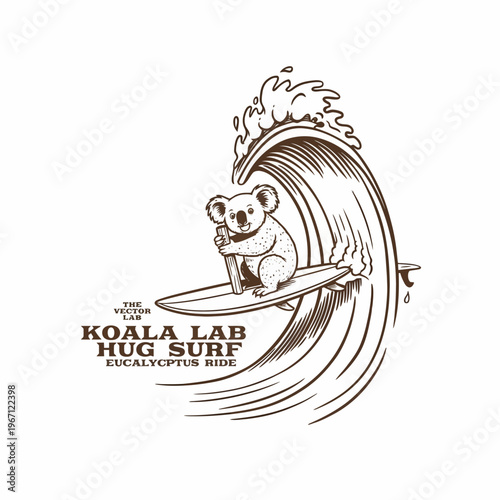 Koala surfing on a wave riding.