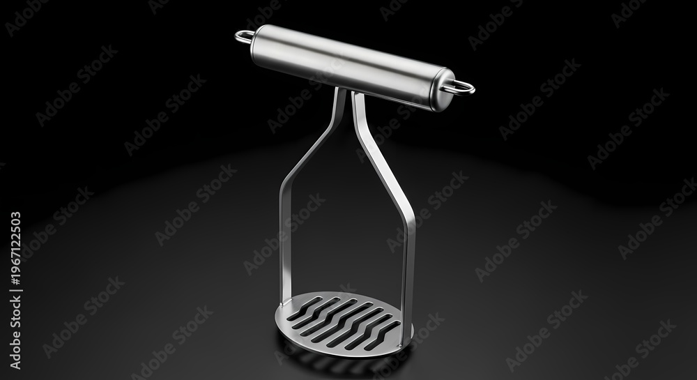 Obraz premium A silver metal potato masher with a circular base and a long handle is displayed on a black background