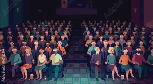 Large audience wearing 3D glasses sitting in a dark cinema theater watching a movie, illustrated in a flat vector style with vibrant colors and cinematic lighting.
