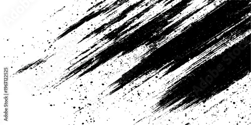 Abstract black and white grunge background featuring a vintage ink splash pattern with dark paint splatters and a dirty spray texture vector design