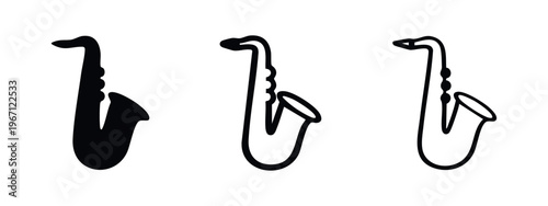 Curved Saxophone Musical Instrument Icons. Jazz Band Sax Symbols. Alto and Tenor Sax Vector Set.