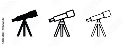 Horizontal Telescope Icons Set. Terrestrial Observation Device Symbols. Scientific Scope Vector Illustrations.
