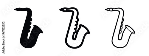 Saxophone Musical Instrument Icons Set. Jazz and Blues Sax Symbols. Wind Instrument Vector Collection.