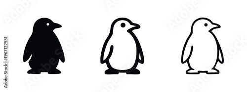 Cute penguin bird icons set, arctic animal vector illustration in various styles: solid, outline, and detailed.