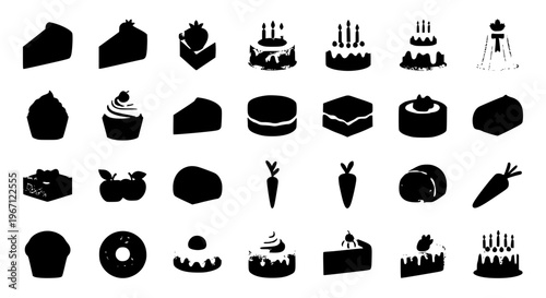 Flat cake icon collection with various dessert types including birthday wedding cupcake and cheesecake vector set