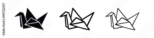 Origami crane bird icons, Japanese paper art symbols vector illustration in various styles: solid, outline, and detailed.