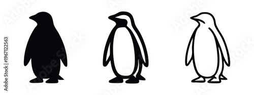 Penguin bird icons set, arctic wildlife animal symbol vector illustration in various styles: solid, outline, and detailed.
