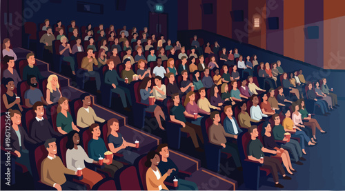 A high-angle, detailed vector illustration of a crowded movie theater interior. Diverse people of various ethnicities and ages are seated in tiered rows of theater chairs, focused on a glowing cinema 