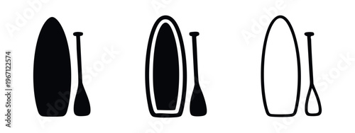 Stand up paddleboard and paddle icons set, water sports equipment vector illustration in various styles.