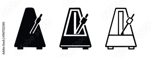 Metronome icons set, musical instrument for rhythm and tempo vector illustration in various styles.