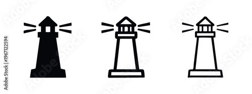 Simple lighthouse icon set in solid, outline, and line art styles for navigation and warning