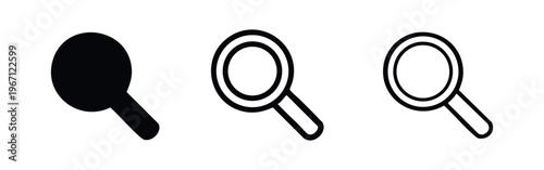 Magnifying glass icon set in solid, outline, and line art styles for search and zoom functions
