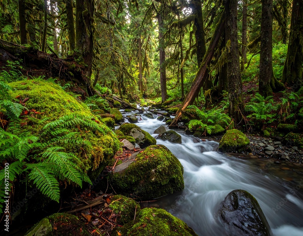 Fototapeta premium Verdant forest stream tumbles over mossy rocks, surrounded by lush ferns and green trees