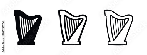Harp musical instrument icon set in various styles, elegant sound symbol vector illustration